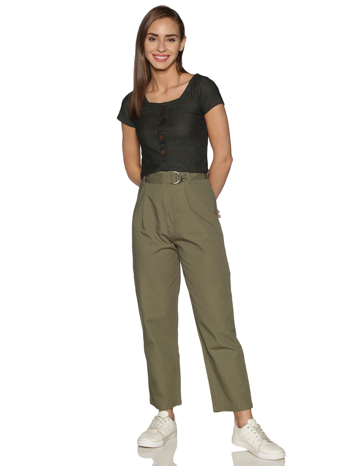 Buy ENNOBLE Women's High Waist Cotton Blend Lycra Trouser with Button and  Zip Closure, Front Welt Pocket and Back Waist Darts, Narrow Fit, Ankle  Length, Semi Formal and Formal Wear|Khaki at Amazon.in